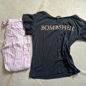 Victoria's Secret Black 'Bombshell' Tee with Pink Stripe Pajama Pants